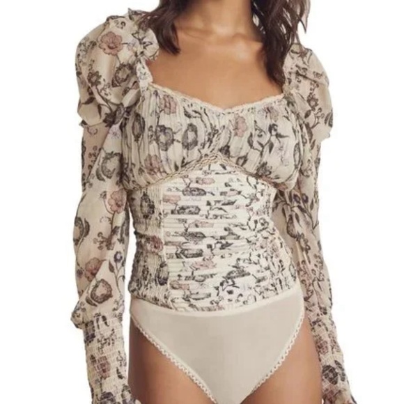 FREE PEOPLE Brunch Date Sheer Bodysuit in Floral Ivory Combo - Size M NWT - Picture 1 of 3
